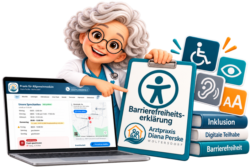Illustration: Figur im Arztkittel zeigt auf ein Klemmbrett „Barrierefreiheitserklärung“, daneben ein Laptop mit der Praxis-Website und Symbole für Rollstuhl, Sehen, Hören und Schriftgröße