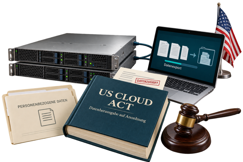 Symbolbild zum US-Gesetz CLOUD Act: Server, eine Akte mit personenbezogenen Daten, ein Gesetzbuch „Datenherausgabe auf Anordnung“, ein Richterhammer und die US-Flagge