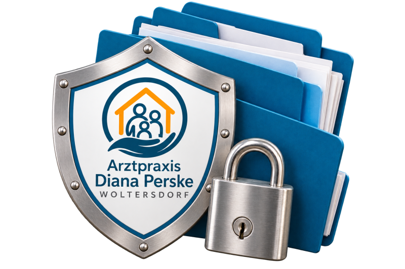 Schutzschild mit dem Praxislogo „Arztpraxis Diana Perske, Woltersdorf“ vor blauen Aktenordnern, daneben ein Vorhängeschloss