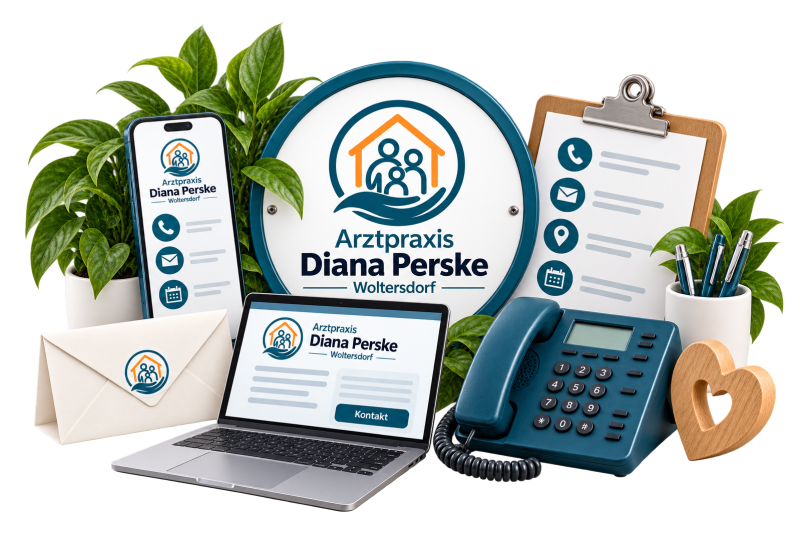 Grafik: rundes Schild mit dem Praxislogo „Arztpraxis Diana Perske, Woltersdorf“, umgeben von Smartphone und Laptop mit den Kontaktwegen, Briefumschlag, Telefon, Klemmbrett mit Symbolen für Telefon, E-Mail, Standort und Termin, Stiftebecher, Pflanzen und einem Holzherz