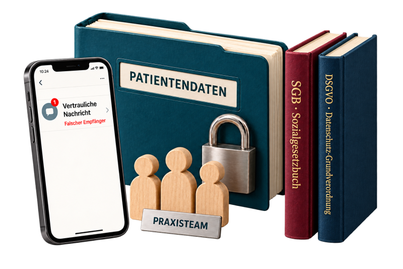 Symbolbild: eine Akte „Patientendaten“ mit Vorhängeschloss, Holzfiguren mit dem Schild „Praxisteam“, Gesetzbücher zu Sozialgesetzbuch und DSGVO und ein Handy mit der Meldung „Vertrauliche Nachricht – Falscher Empfänger“